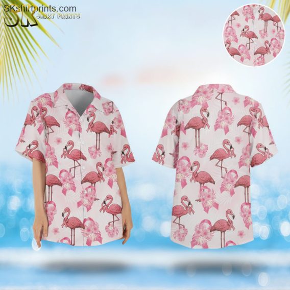 Pink Hawaiian shirt featuring flamingo pattern with pink ribbons and tropical flowers on light background
