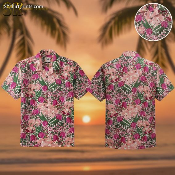 Pink hawaiian shirt men's featuring purple orchid flowers and green foliage on pink background