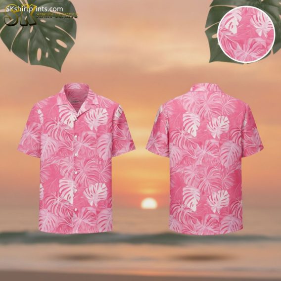 Pink hawaiian shirt womens featuring layered monstera leaves in various pink shades