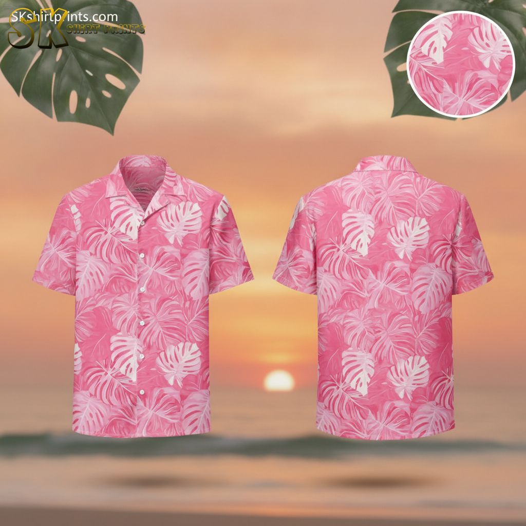 Pink hawaiian shirt womens featuring layered monstera leaves in various pink shades