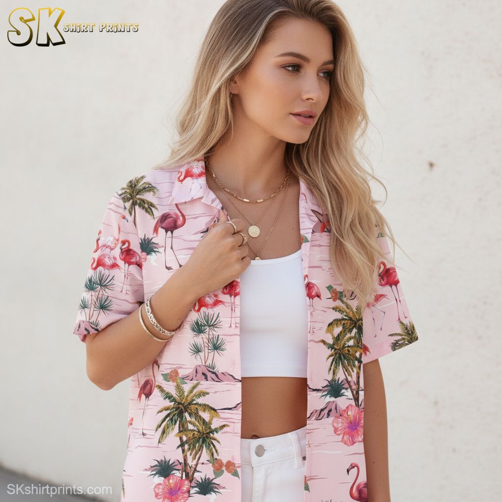 Pink hibiscus hawaiian shirt showing hibiscus flowers with flamingo and palm tree elements on pink fabric