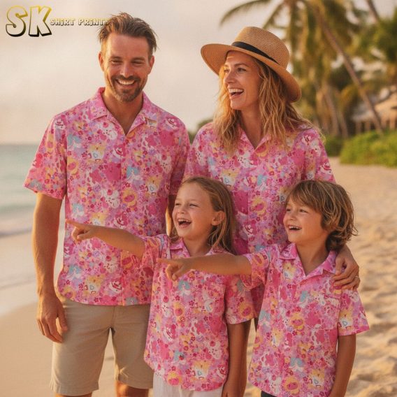 Pink hibiscus hawaiian shirt featuring tropical character designs and colorful hibiscus patterns