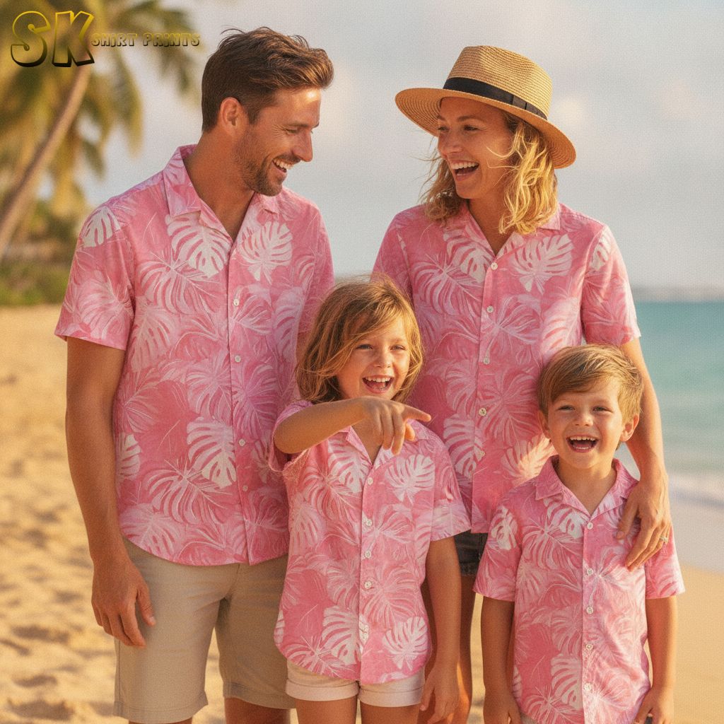 Pink hibiscus hawaiian shirt featuring tropical monstera foliage in rich pink coloring