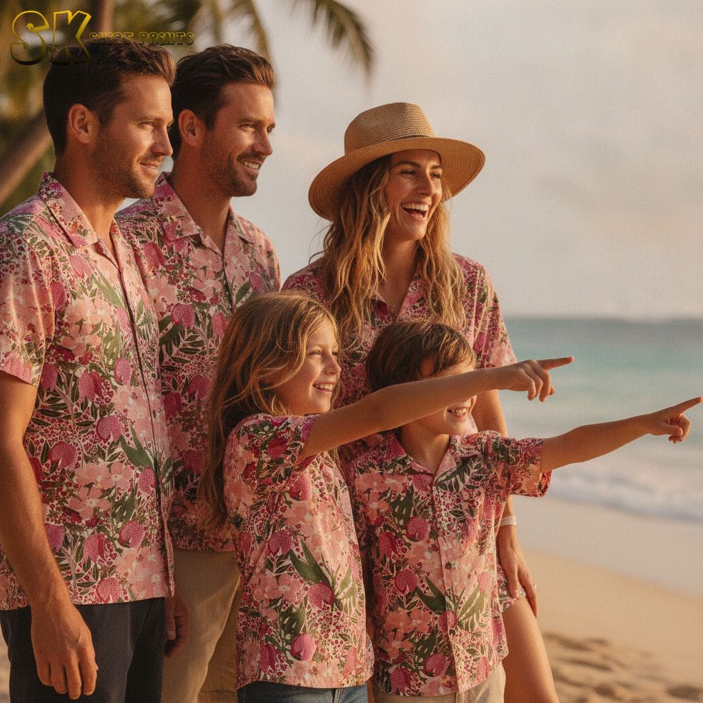 Pink hibiscus hawaiian shirt displaying tropical blooms with green leaves and colorful accents
