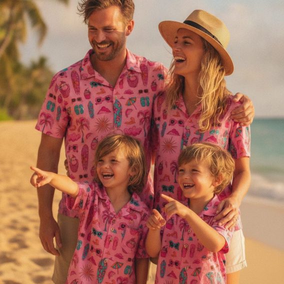 Pink hibiscus Hawaiian shirt featuring vacation motifs including palm trees, cocktails, surfboards, and tropical accessories
