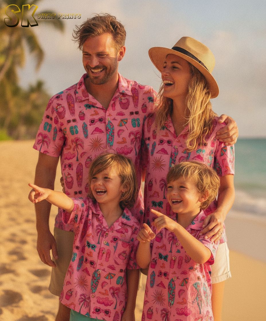Pink hibiscus Hawaiian shirt featuring vacation motifs including palm trees, cocktails, surfboards, and tropical accessories