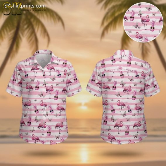 Pink mens hawaiian shirt featuring flamingo, pineapple with sunglasses, and butterfly pattern on striped background