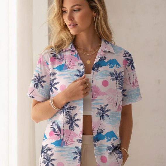 Pink men's Hawaiian shirt showing tropical leaf patterns, palm trees, and blue sky elements