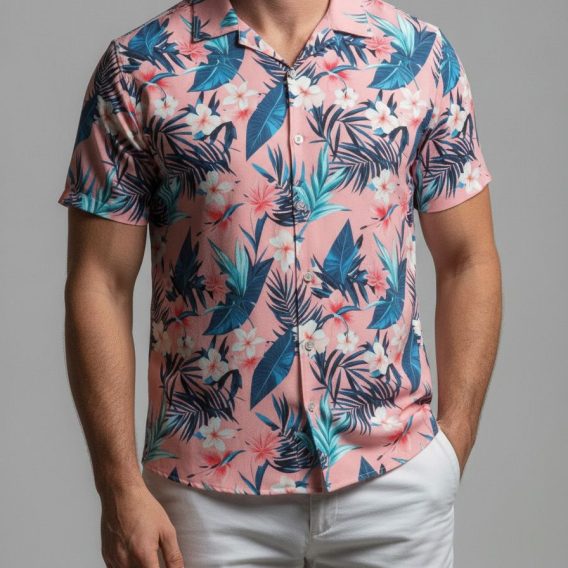 Pink pineapple Hawaiian shirt with white flowers and blue tropical leaves on soft pink background