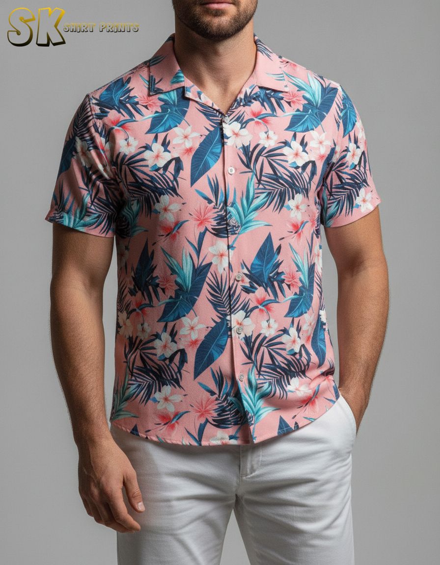 Pink pineapple Hawaiian shirt with white flowers and blue tropical leaves on soft pink background