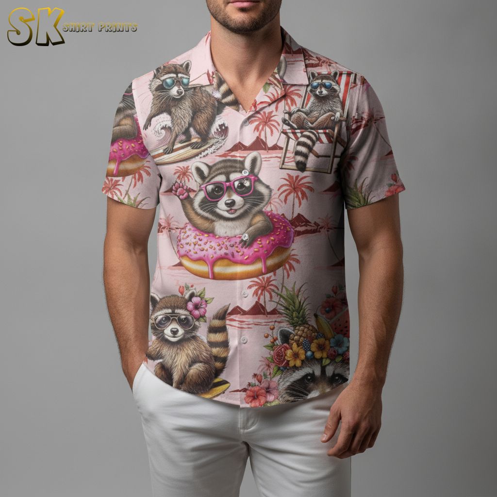 Pink Hawaiian shirt with pineapple and raccoon print, featuring tropical fruit and summer animals
