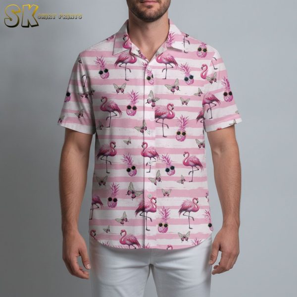 Pink Mens Hawaiian Shirt with Flamingos, Pineapples & Butterflies - Striped Tropical Print