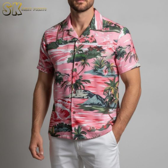 Pink pineapple Hawaiian shirt with tropical elements including palm trees and hibiscus flowers in pink and green pattern