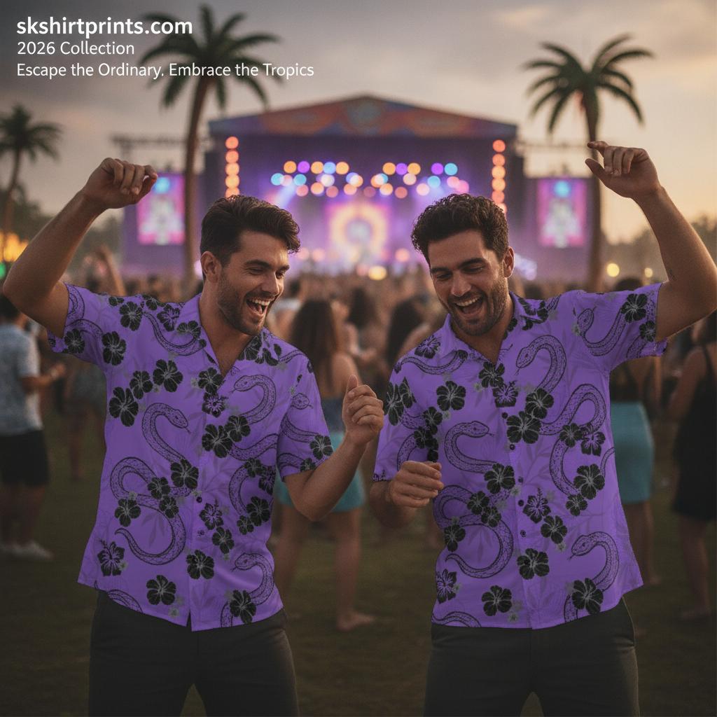 Purple aloha shirt with white hibiscus floral tropical print on a wooden background