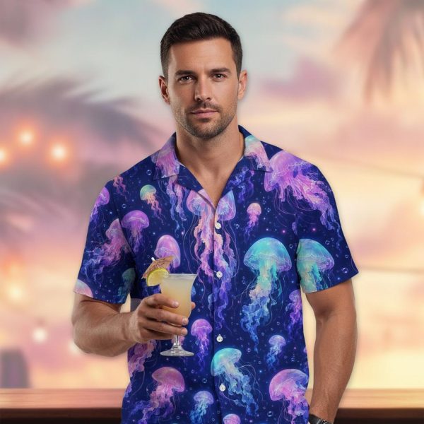 Purple Hawaiian shirt with white hibiscus floral print on a purple background