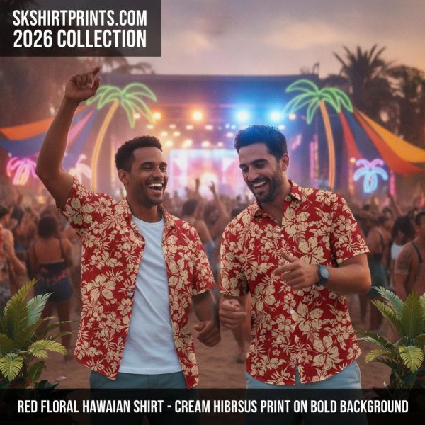 Red floral Hawaiian shirt with white hibiscus print on a man standing at a tropical beach resort in 2026