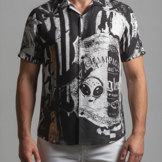 Rifle Hawaiian shirt with a black and white retro collage print including vintage label graphics and an alien face motif