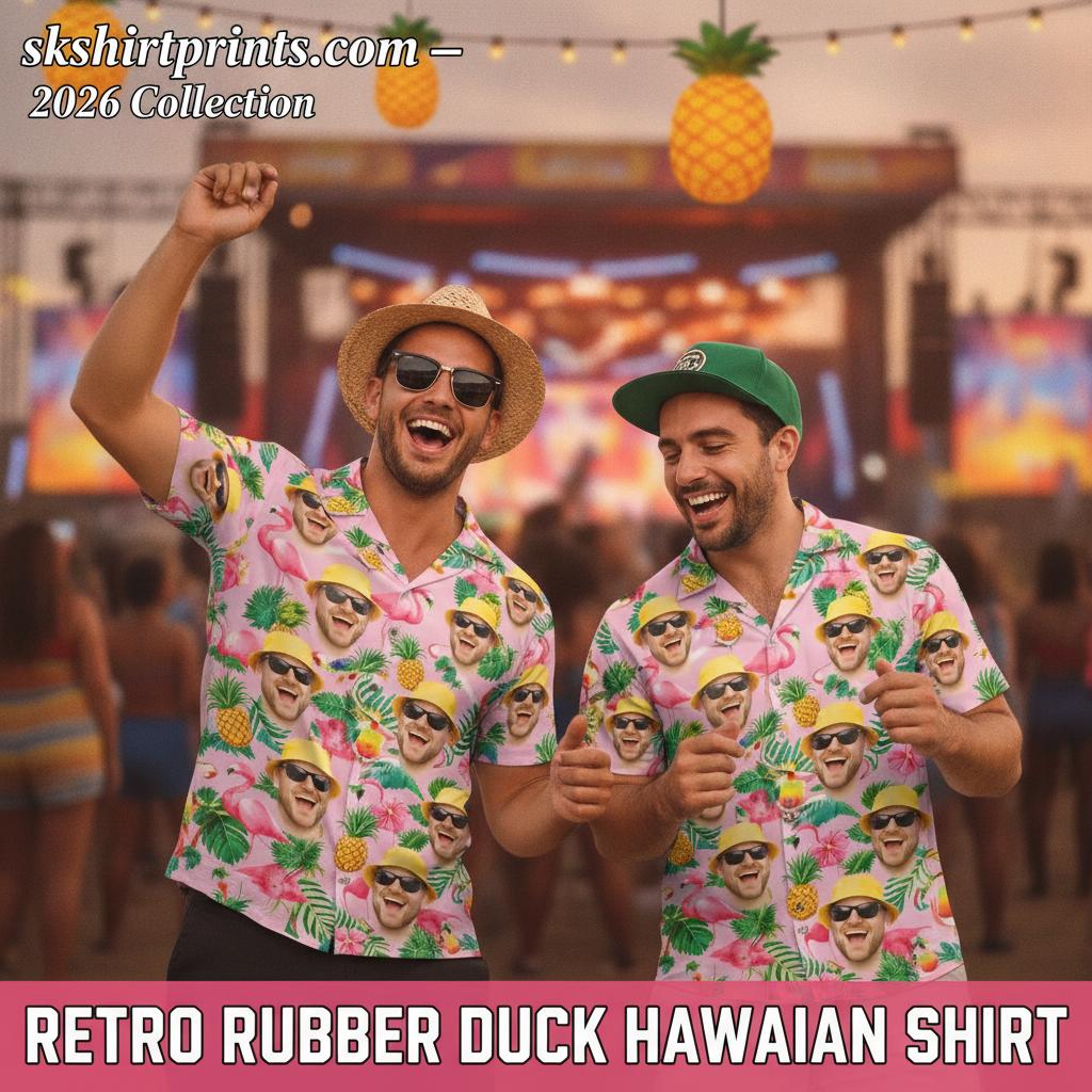 Rubber duck Hawaiian shirt styles including retro geometric, surfing ducks, and Donald Duck button-up designs from SKShirtPrints