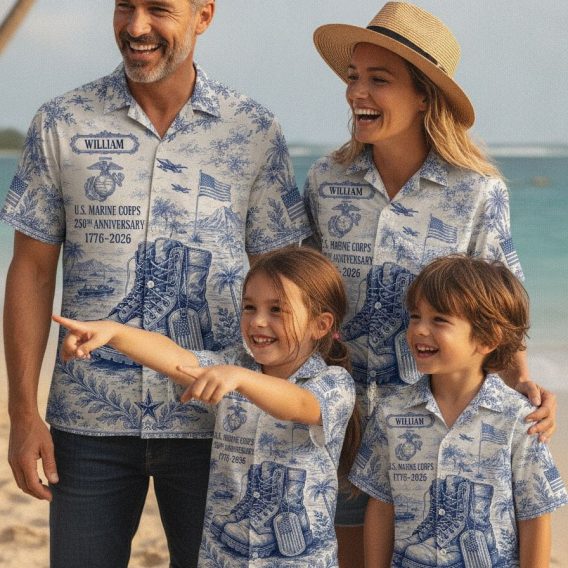 Special forces Hawaiian shirt in aloha cut with monochromatic military print featuring combat soldier, American flag, dog tags, boots, and palm tree pattern across the fabric