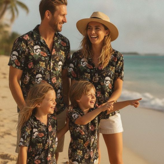 Star Wars aloha shirt with a tropical print combining hibiscus flowers, leaves, sci-fi helmets, droids, and spacecraft in an all-over design