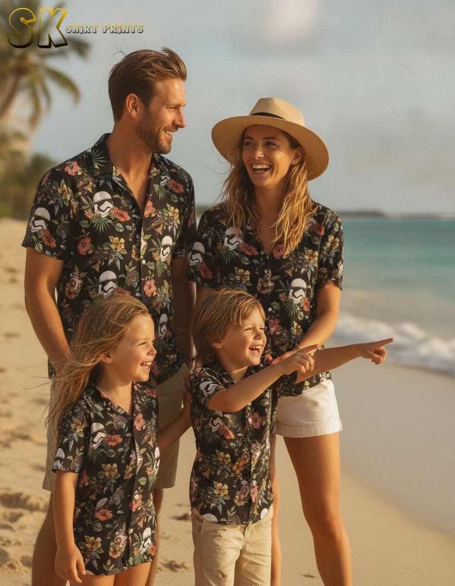 Star Wars aloha shirt with a tropical print combining hibiscus flowers, leaves, sci-fi helmets, droids, and spacecraft in an all-over design