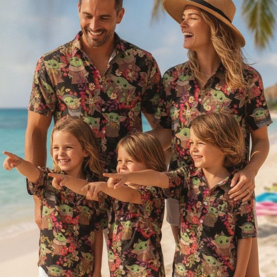 Star Wars beach shirt featuring green Yoda character figures surrounded by red, pink, and yellow flowers on a black short-sleeve button-down shirt