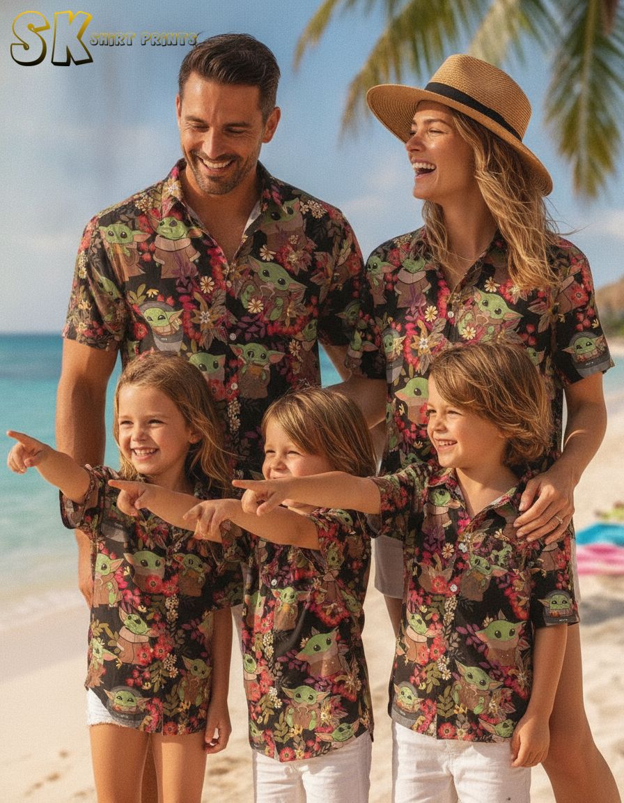 Star Wars beach shirt featuring green Yoda character figures surrounded by red, pink, and yellow flowers on a black short-sleeve button-down shirt
