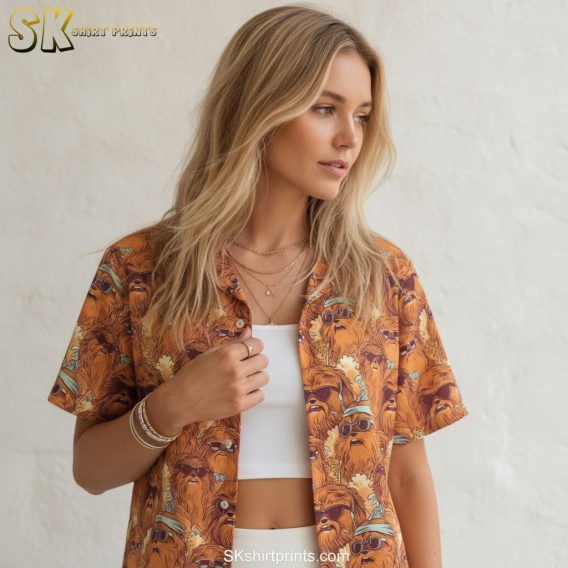 Star Wars button down shirt with a Chewbacca-style character pattern printed in orange, brown, and blue across the full shirt