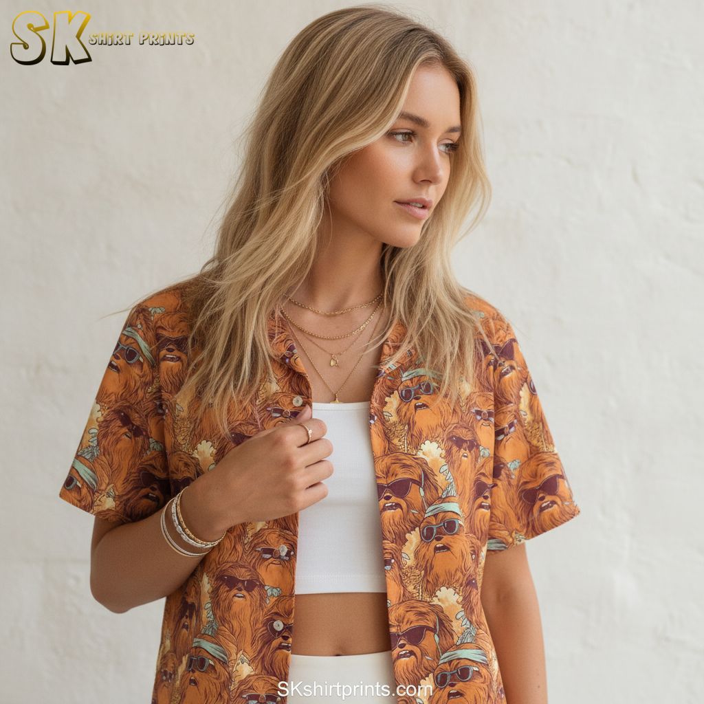 Star Wars button down shirt with a Chewbacca-style character pattern printed in orange, brown, and blue across the full shirt