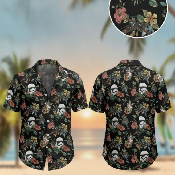 Star Wars button down shirt featuring hibiscus flowers, helmets, spacecraft, and droids mixed into a tropical floral pattern