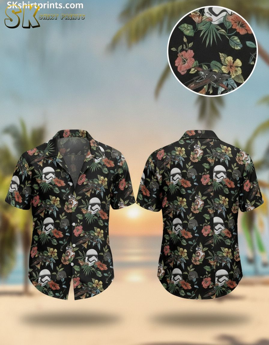 Star Wars button down shirt featuring hibiscus flowers, helmets, spacecraft, and droids mixed into a tropical floral pattern
