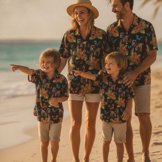 Star Wars button down shirt long sleeve style with red hibiscus flowers, green tropical leaves, helmeted character print, and blue and orange butterfly motifs across the fabric