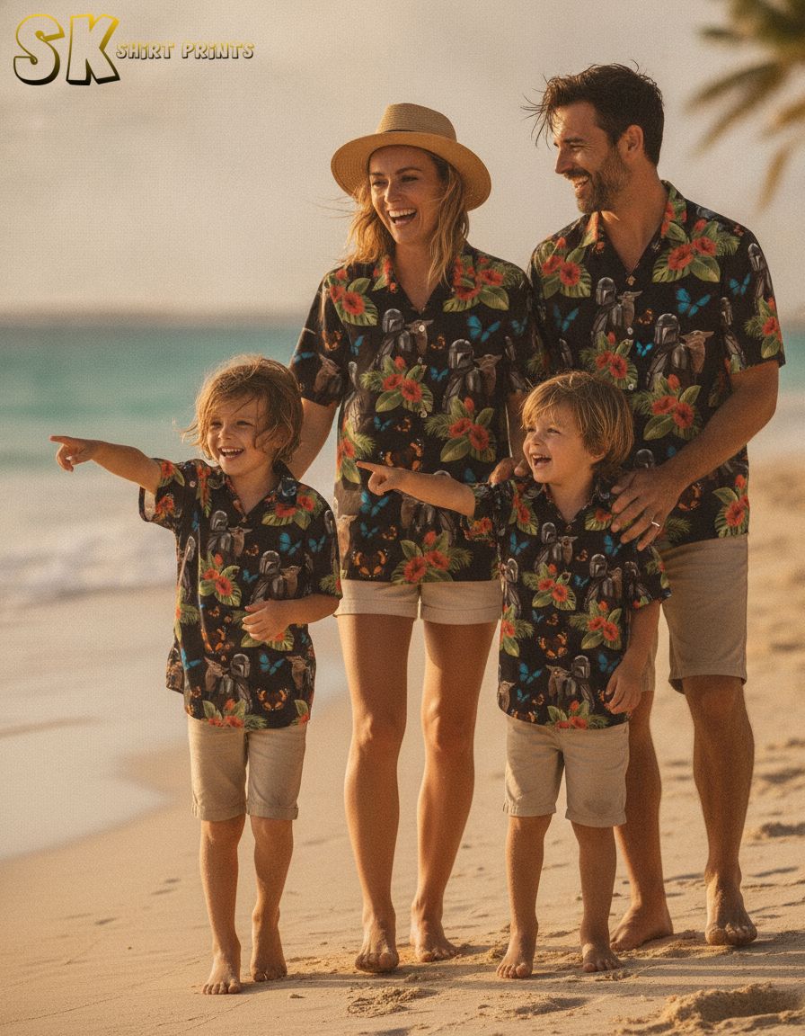 Star Wars button down shirt long sleeve style with red hibiscus flowers, green tropical leaves, helmeted character print, and blue and orange butterfly motifs across the fabric