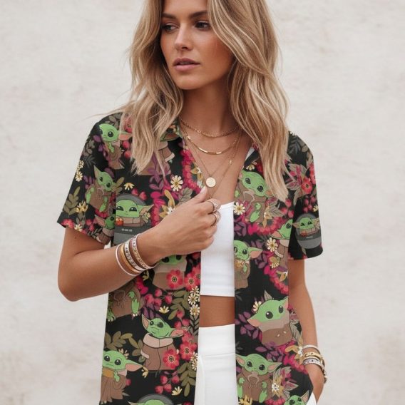 Star Wars button down shirt with green Yoda characters and multicolor flowers printed on black fabric, showing front button placket and collar detail