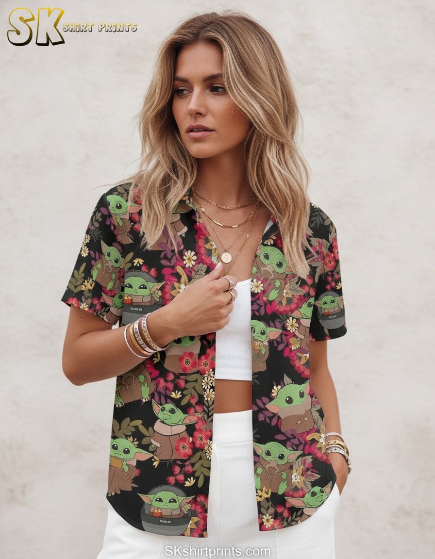 Star Wars button down shirt with green Yoda characters and multicolor flowers printed on black fabric, showing front button placket and collar detail