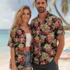Men's Star Wars Hawaiian shirt with a Yoda character print and red, pink, and yellow flowers on a black button-down aloha shirt