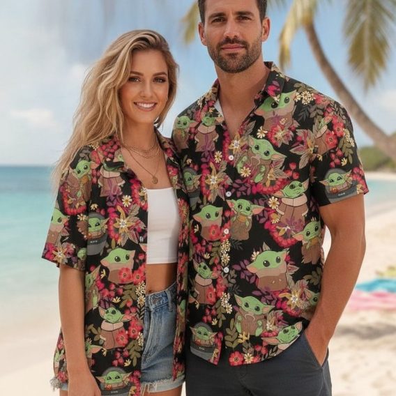 Men's Star Wars Hawaiian shirt with a Yoda character print and red, pink, and yellow flowers on a black button-down aloha shirt