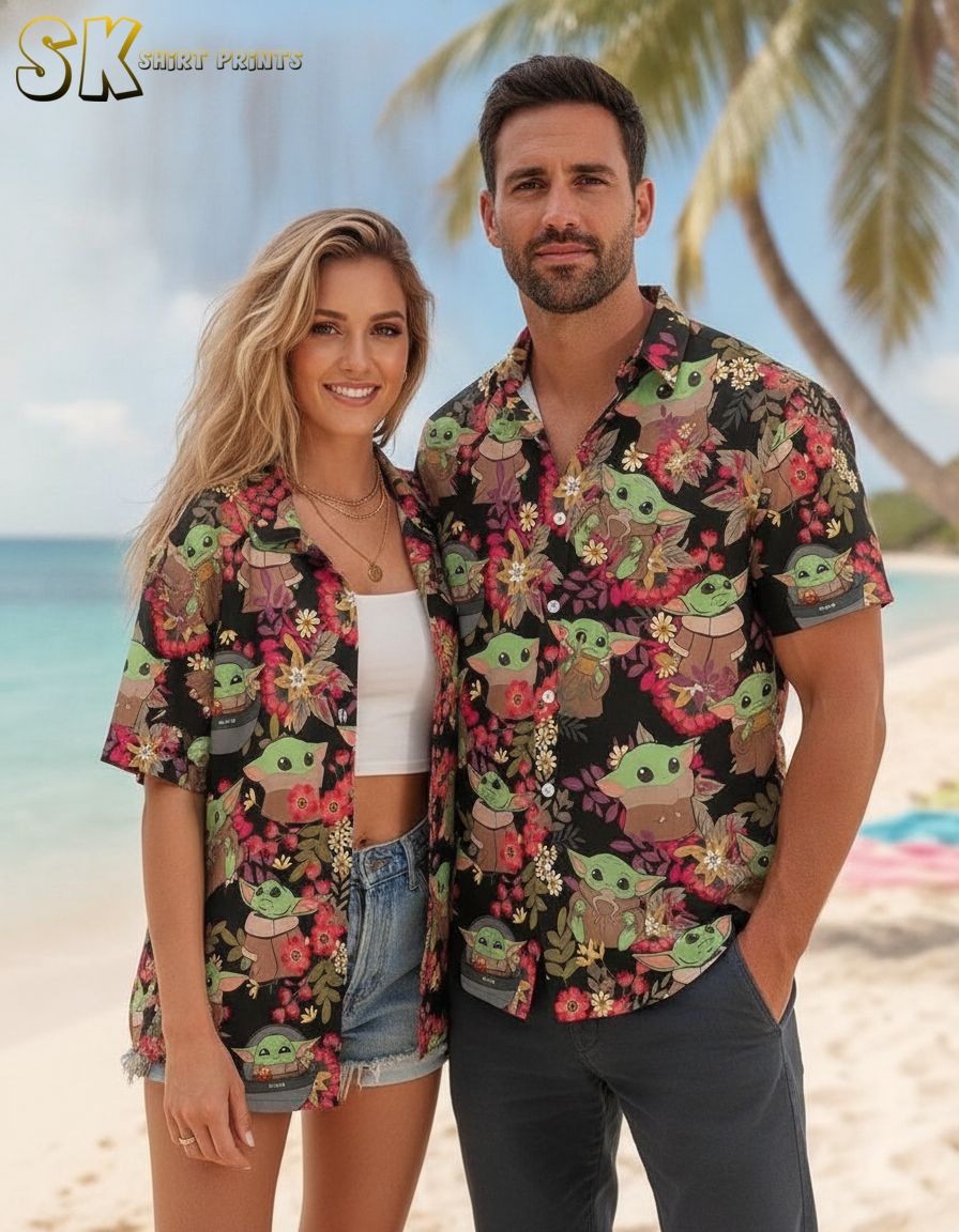 Men's Star Wars Hawaiian shirt with a Yoda character print and red, pink, and yellow flowers on a black button-down aloha shirt