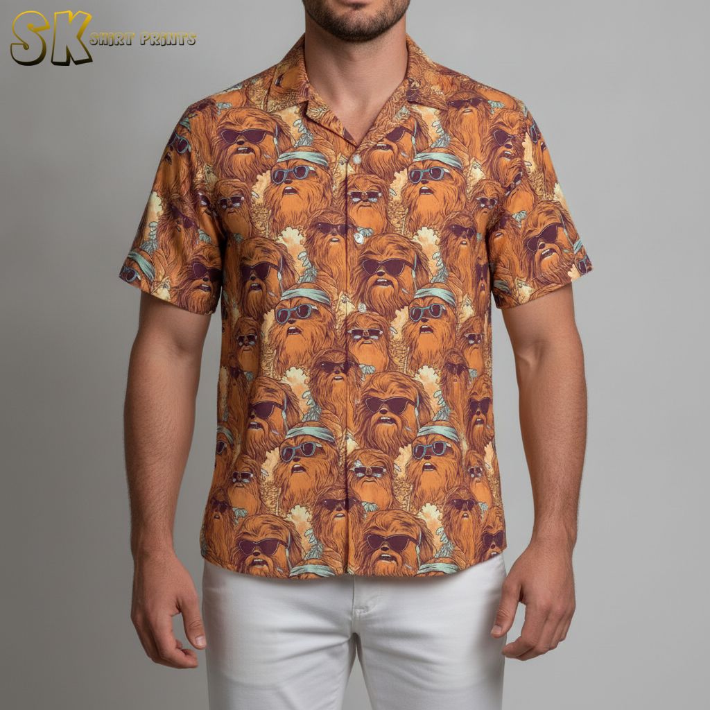 Star Wars Hawaiian shirt available in the UK with a repeated Chewbacca-style character print in orange, brown, and blue