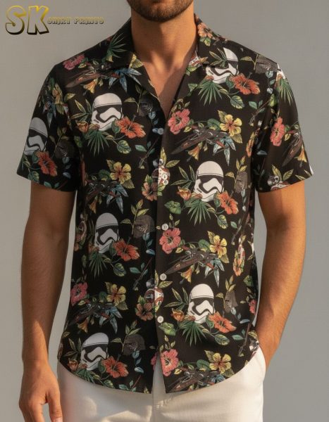 Star Wars Button Down Shirt with Hibiscus Flowers, Helmets & Droids Hawaiian Aloha