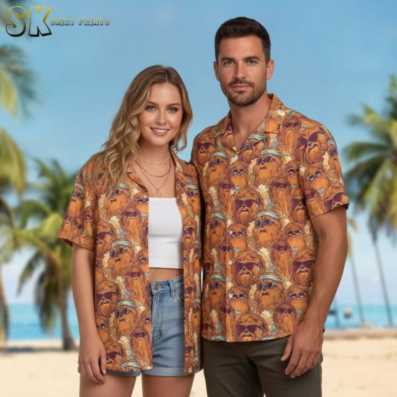 Star Wars Hawaiian shirts for men showing a Chewbacca-style bearded character in sunglasses and hat printed across orange and brown fabric