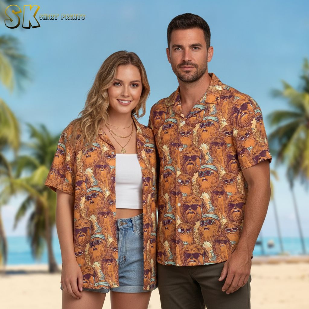 Star Wars Hawaiian shirts for men showing a Chewbacca-style bearded character in sunglasses and hat printed across orange and brown fabric