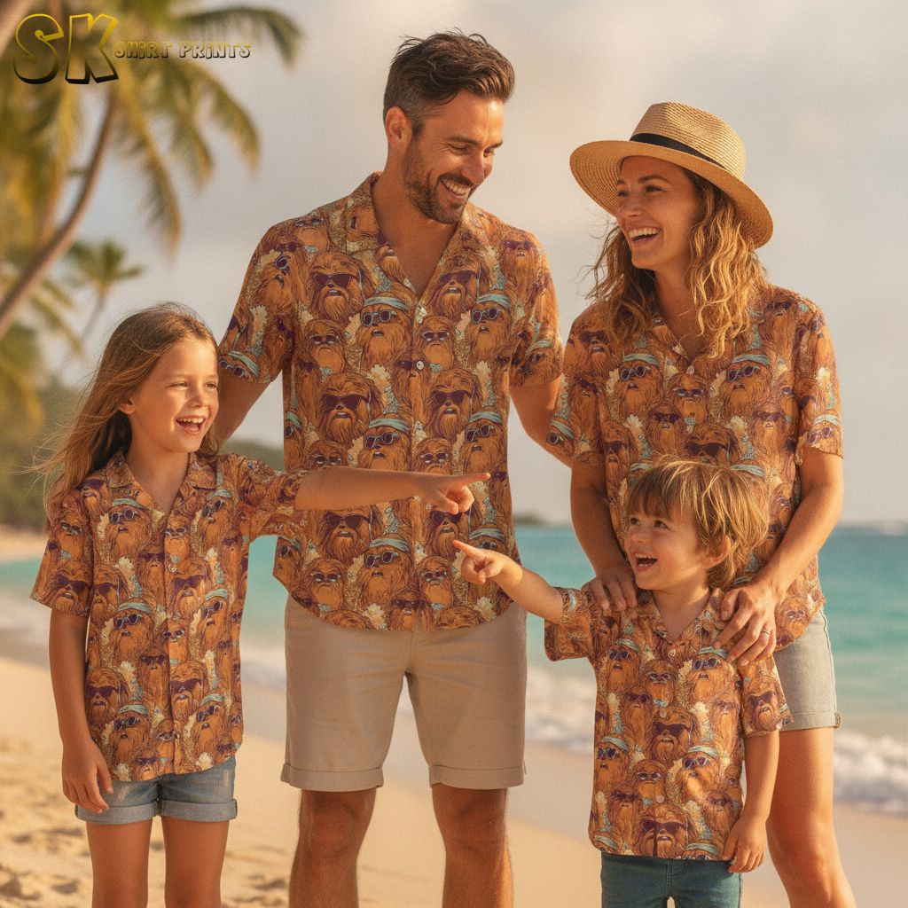Star Wars tiki shirt with a stylized Chewbacca character wearing sunglasses and a hat repeated across orange and brown patterned fabric