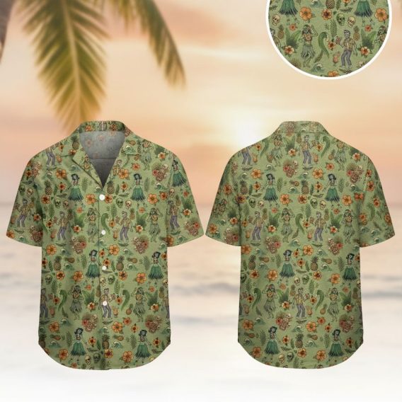 Star Wars tiki shirt featuring hula dancers, skulls, tiki statues, pineapples, and hibiscus flowers on a light green background