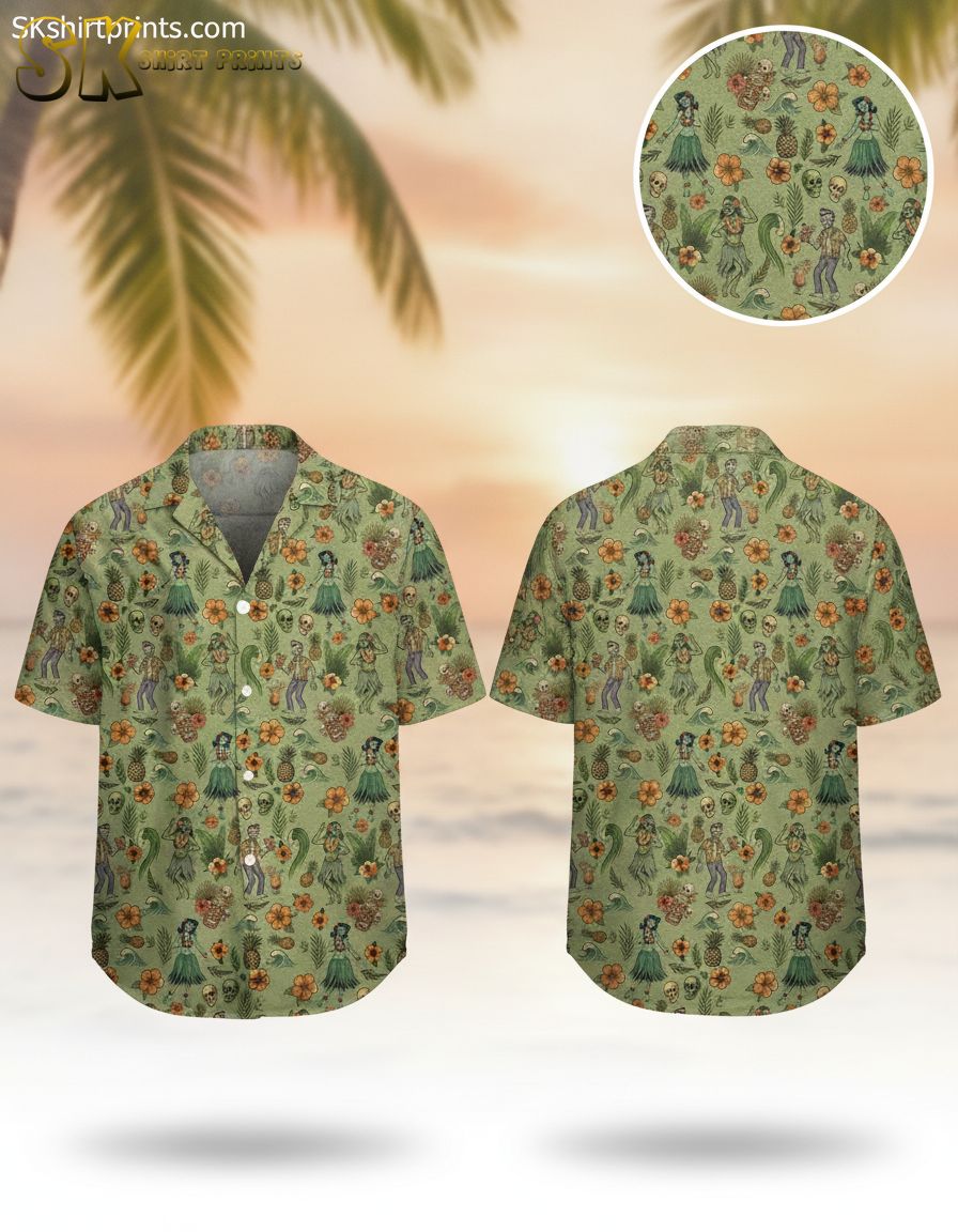 Star Wars tiki shirt featuring hula dancers, skulls, tiki statues, pineapples, and hibiscus flowers on a light green background
