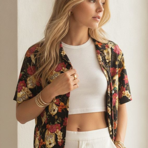 Star Wars woven shirt with all-over yellow robot skull and multicolor floral pattern on a black background in Hawaiian shirt style