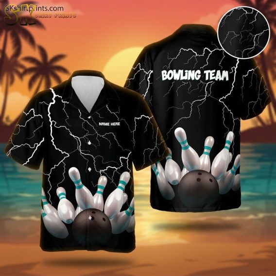 Custom storm bowling shirt with black background, white lightning bolt pattern, and bowling pins and ball graphic on front and back.