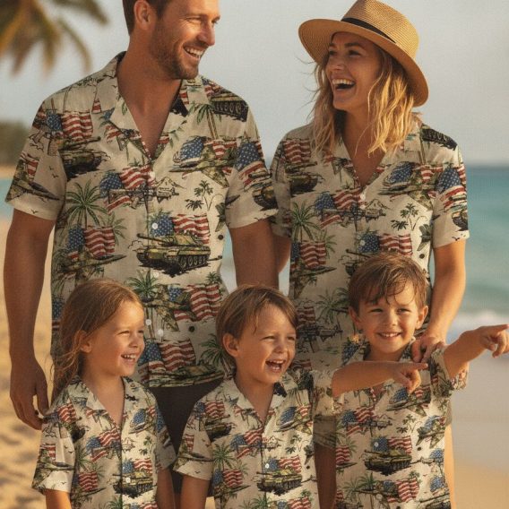 Tactical aloha shirt with printed military tanks, fighter jets, helicopters, American flags, and palm trees on a camouflage-style background