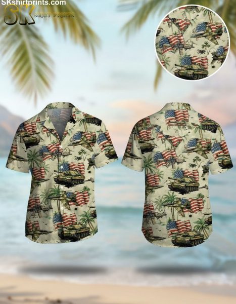 Tactical Hawaiian Shirt with Tanks, Jets & American Flag Camo Print for Men