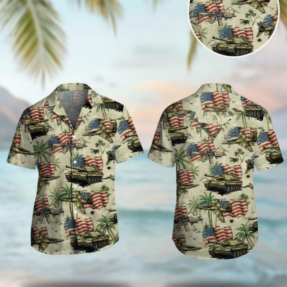Tactical Hawaiian shirt featuring printed tanks, fighter jets, helicopters, American flags, and palm trees on a camouflage-style background